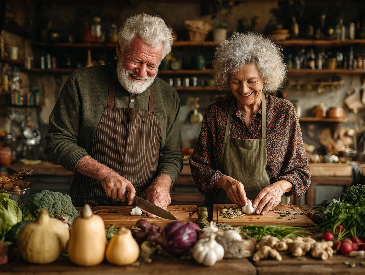 Здорові люди середнього віку готують корисну їжу